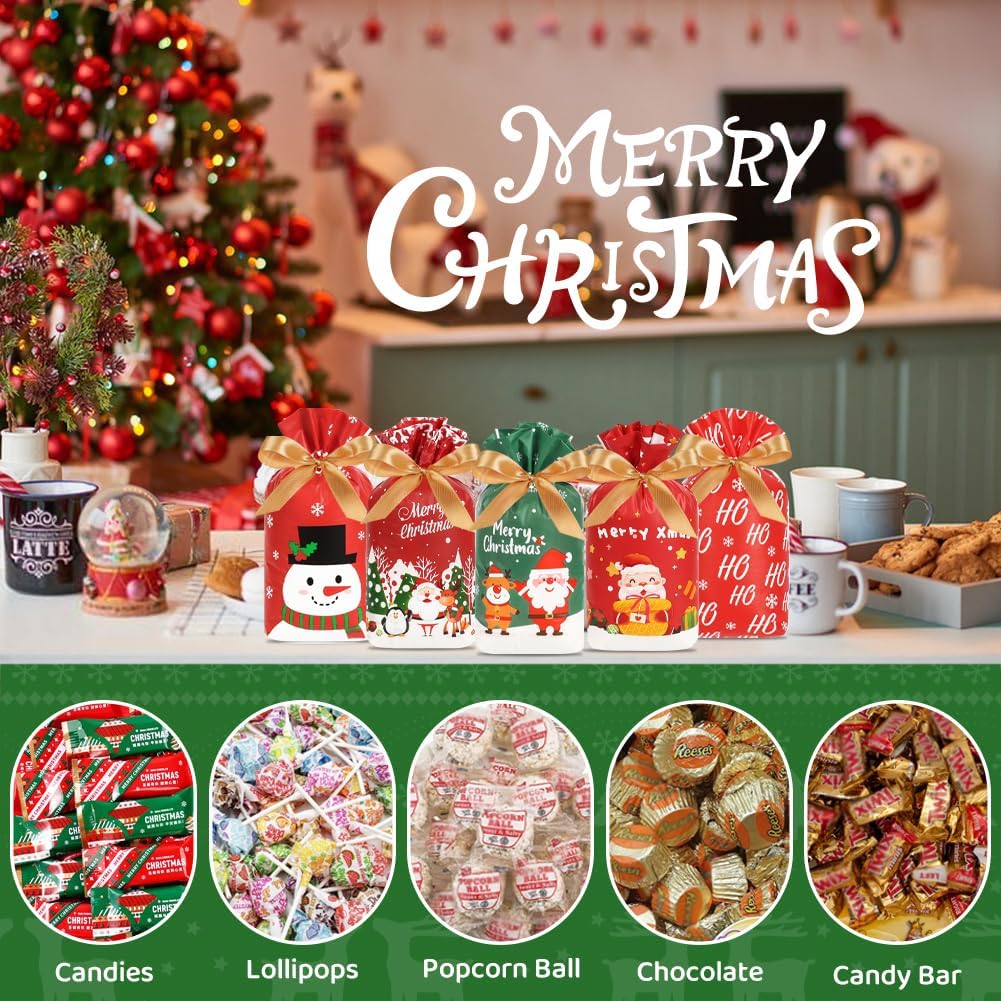 HRX Package 50pcs Christmas Treat Bags Drawstring 5.8x9x2.4inch Holiday Goodie Bags Small Christmas Gift Bags for Candy Cookie gift giving